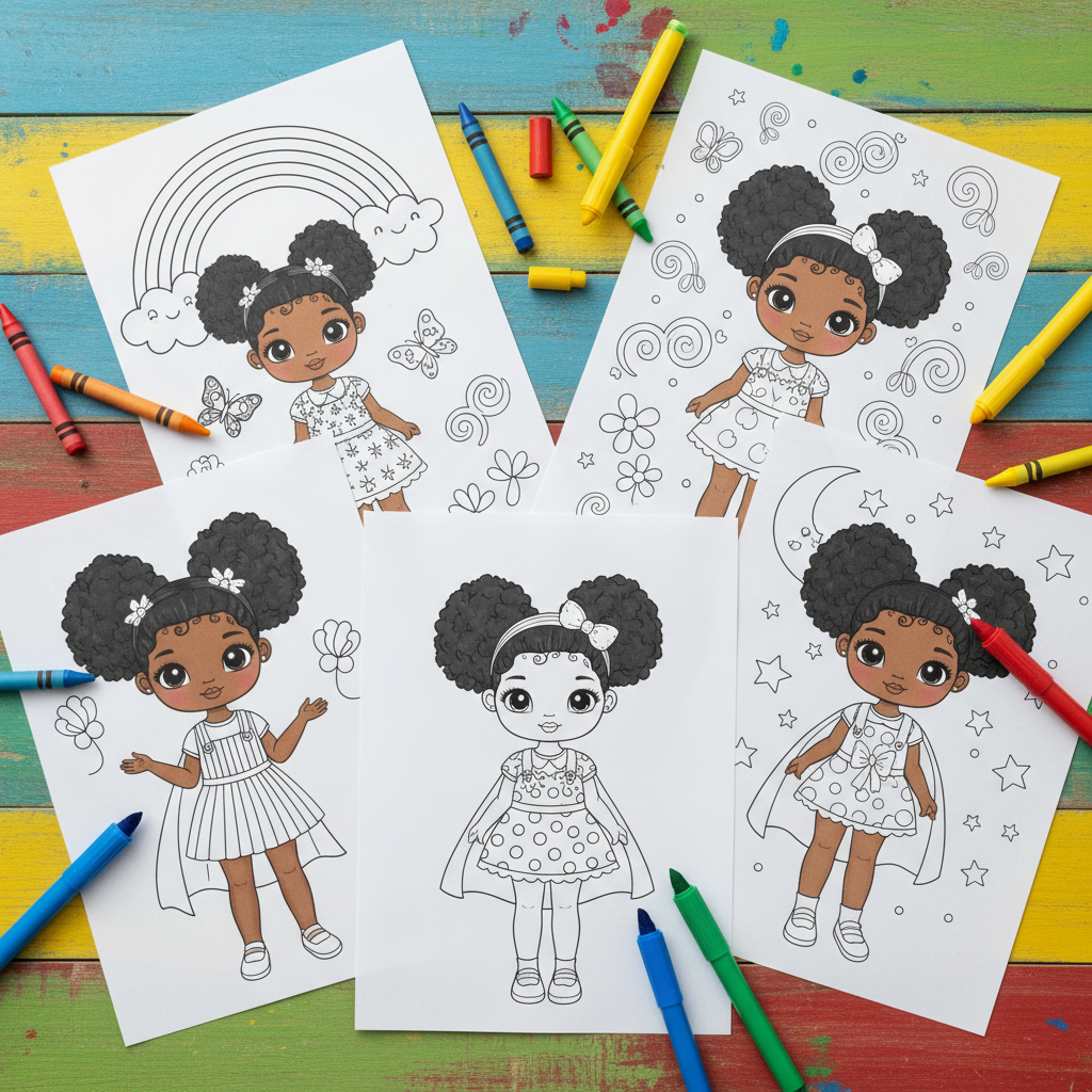 Kids Black Girl Coloring Sheets flat lay with crayons