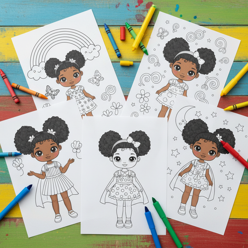Kids Black Girl Coloring Sheets flat lay with crayons