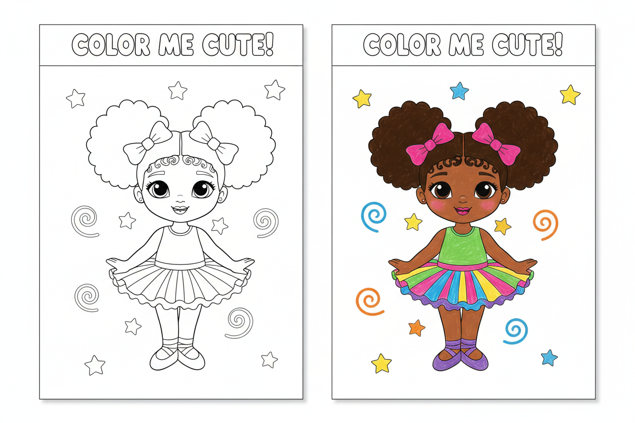 Kids Black Girl Coloring Sheet before and after coloring mockup